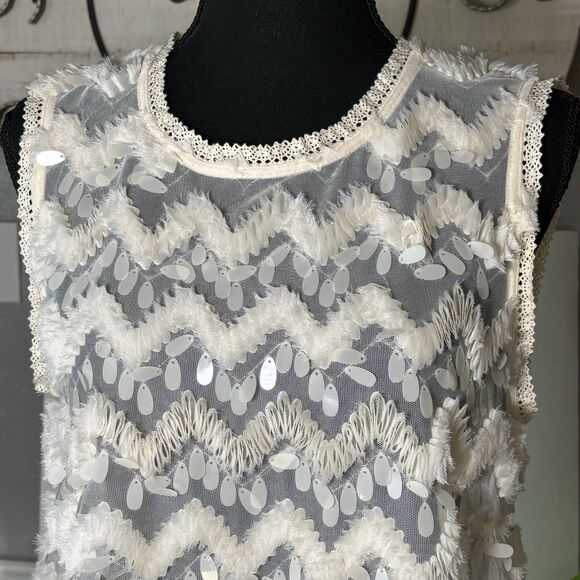 Anthropologie BLUE TASSEL Ivory Semi Sheer Top Sleeveless Embellished - Picture 2 of 10